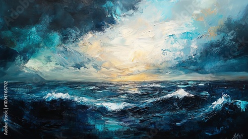 Seascape fading to black with cool colors and bold palette knife strokes. -