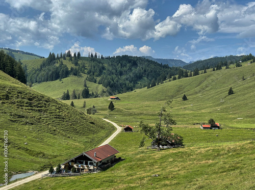 Blick auf Almhütten im Arzmoos, Sudelfeld, Alpen, Bayern, Deutschland