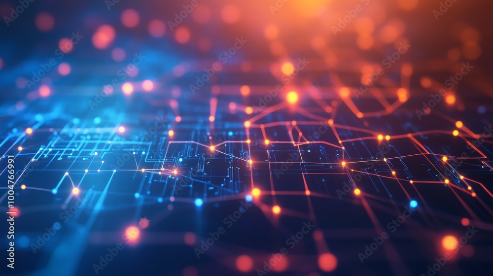 Technology-inspired graphic background featuring simple connected lines and dots in a circuit-like network design.