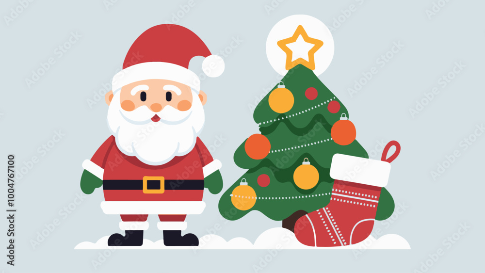Flat style illustration of Santa Claus, decorated tree, stocking. For holiday-themed websites, greeting cards, banners Flat style illustration of Santa Claus, decorated tree, stocking. For holiday-themed websites, greeting cards, banners