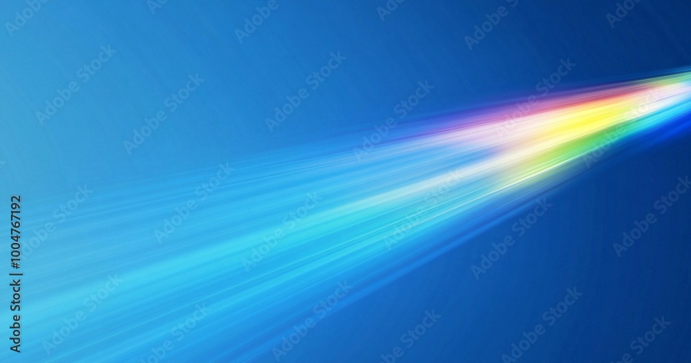 An intense beam of light shines on a dark blue background. The ray creates a prism-like effect, with colorful flares and overlays spreading across the background. The light bends in a refraction.