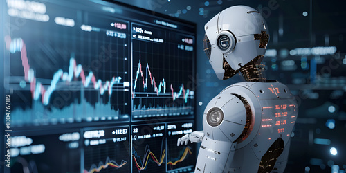 AI robot analyzing stock market data, Futuristic trading technology with artificial intelligence