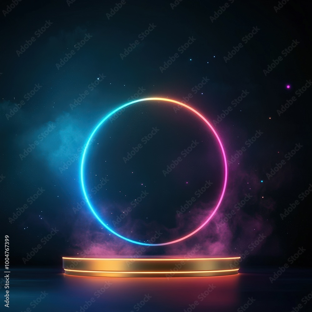Fototapeta premium Futuristic Neon Circle with Golden Platform and Smoke.