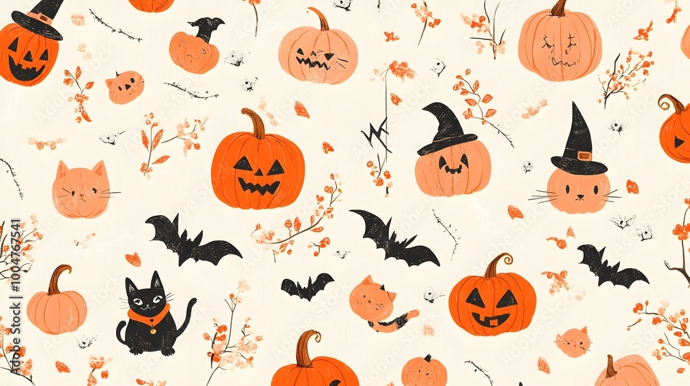 A playful pattern with pumpkins wearing tiny hats, cats swatting at dangling strings, and bats with long tails, all in pastel orange against a lightly textured cream background A playful pattern with pumpkins wearing tiny hats, cats swatting at dangling strings, and bats with long tails, all in pastel orange against a lightly textured cream background
