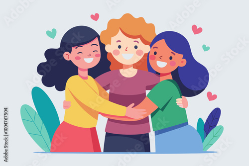  Cartoon Color Characters Hugging Friends Expressing Love and Support Concept Flat Design Style. Vector illustration of Female Friendship