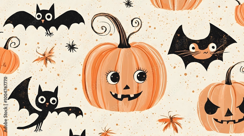 Pumpkins with striped stems, cats with big eyes and curled whiskers, and bats with swirling wings, in soft pastel orange on a speckled cream background Pumpkins with striped stems, cats with big eyes and curled whiskers, and bats with swirling wings, in soft pastel orange on a speckled cream background