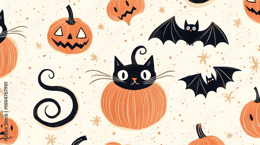 Pumpkins with striped stems, cats with big eyes and curled whiskers, and bats with swirling wings, in soft pastel orange on a speckled cream background Pumpkins with striped stems, cats with big eyes and curled whiskers, and bats with swirling wings, in soft pastel orange on a speckled cream background