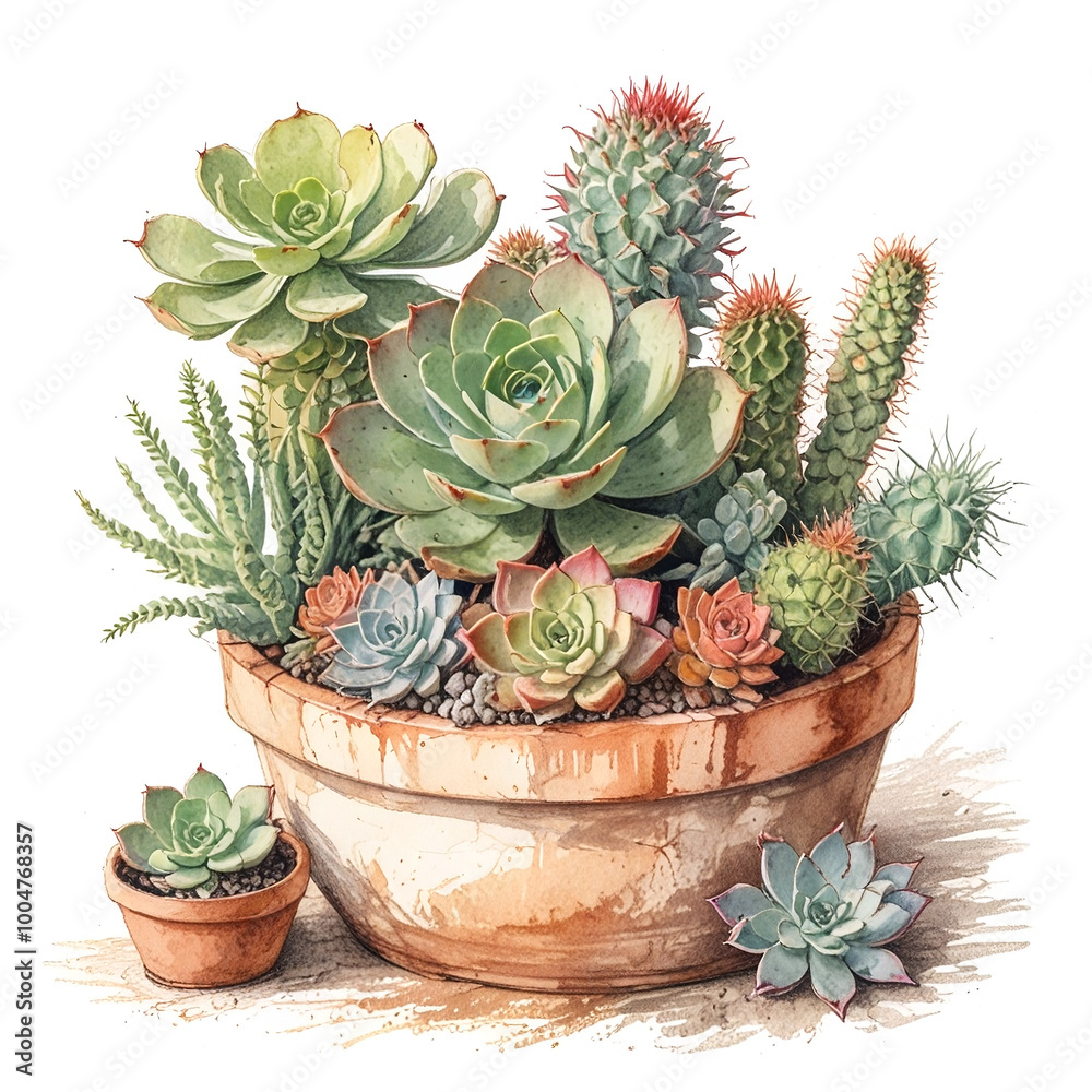 Succulents. Flowers in terracotta pots. Gardening at home and office. Live plants in flowerpots. Watercolor illustrations isolated on white background Succulents. Flowers in terracotta pots. Gardening at home and office. Live plants in flowerpots. Watercolor illustrations isolated on white background