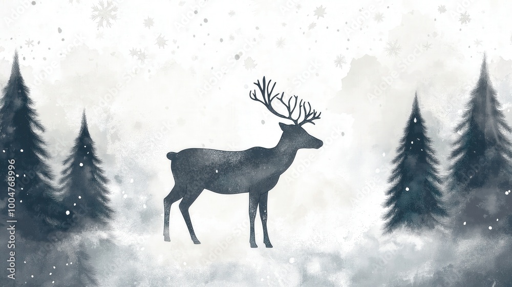 Silhouette of a deer with antlers in a snowy forest with pine trees and falling snow Silhouette of a deer with antlers in a snowy forest with pine trees and falling snow