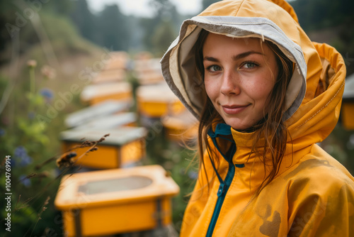 A woman in a yellow raincoat standing in front of a row of beehives photo