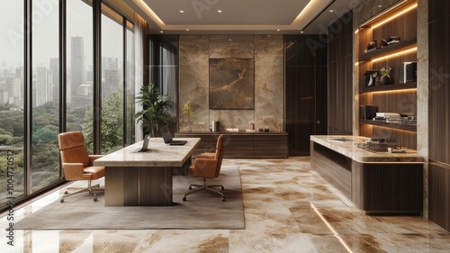 Elegant modern office with large windows and luxurious decor.