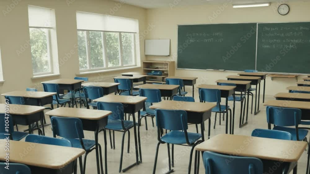 Classroom at school. empty classroom with chalkboard and rows of desks with chairs. Break at school. classroom. Classroom at school. empty classroom with chalkboard and rows of desks with chairs. Break at school. classroom.