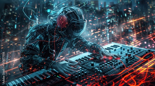 Cyberpunk musician wearing futuristic suit playing synthesizer in a neon-lit cityscape