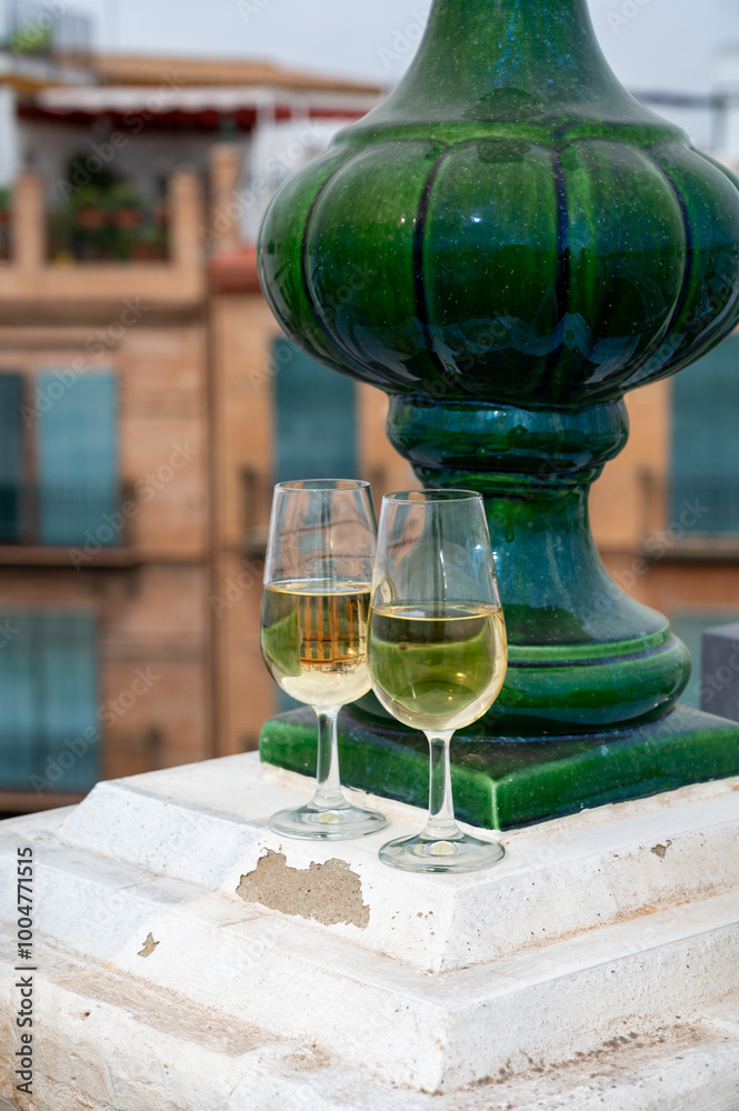 Fototapeta premium Sherry fino wine tasting on roof of old Triana district in Sevilla with view on Sevilla houses and churches, wine glasses