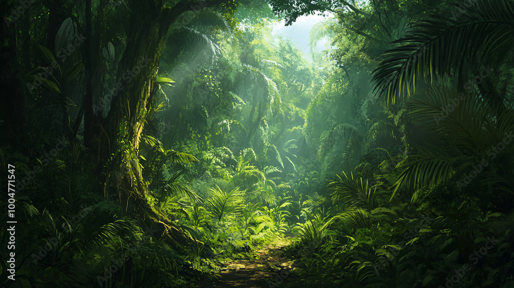 Naklejka premium A dense jungle with towering trees and thick undergrowth.
