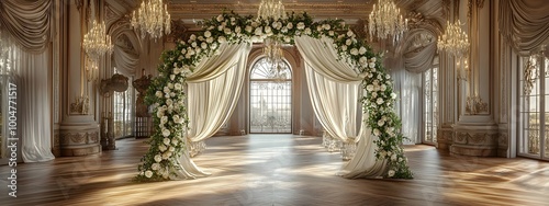 Elegant Wedding Ceremony Arch with White Roses and Drapes in Grand Ballroom.