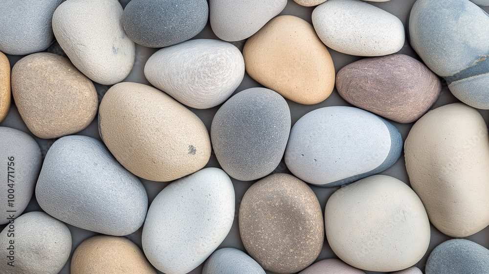 Pebble texture with smooth rounded stones in earthy tones of grey, beige, and brown, creating a calming and harmonious background, perfect for eco-friendly or spa-themed designs. Pebble texture with smooth rounded stones in earthy tones of grey, beige, and brown, creating a calming and harmonious background, perfect for eco-friendly or spa-themed designs.