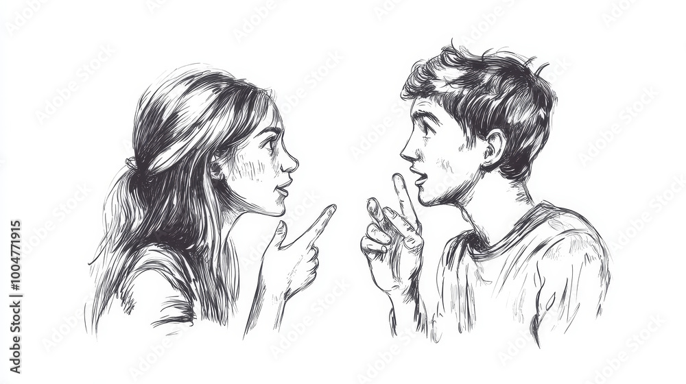 Dark Green hand drawn illustration of 2 people having conversation Dark Green hand drawn illustration of 2 people having conversation