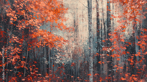  A dense forest in autumn with vibrant orange and red leaves. 