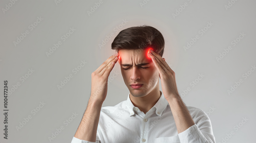 A man holds his head in pain with glowing red marks, indicating a severe headache or migraine..A close-up image of a man suffering from intense pain, emphasizing discomfort and medical condition.