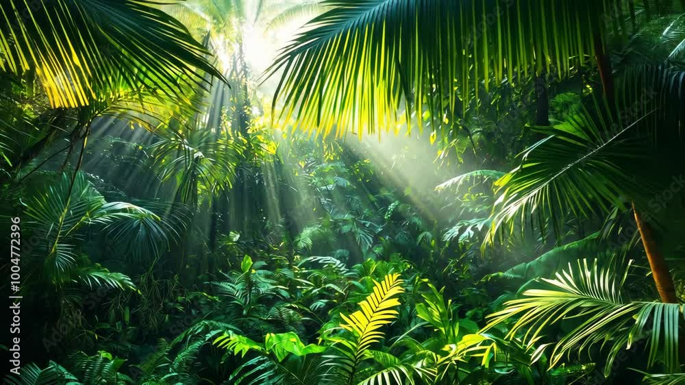 Sunlight shines through the dense foliage of a lush tropical rainforest Sunlight shines through the dense foliage of a lush tropical rainforest