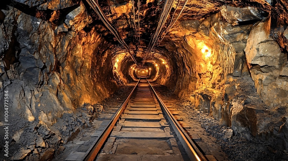 Naklejka premium Narrow gauge railway track is disappearing into the dark depth of an underground gold mine, illuminated by electric lights