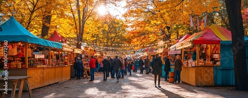 Crowd walking on a street food festival with tents decorated with autumn leaves in the background photo