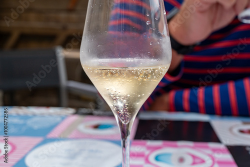 Tasting of brut and reserve grand cru champagne sparkling wine produced by traditional method in Ambonnay in Champagne, France photo