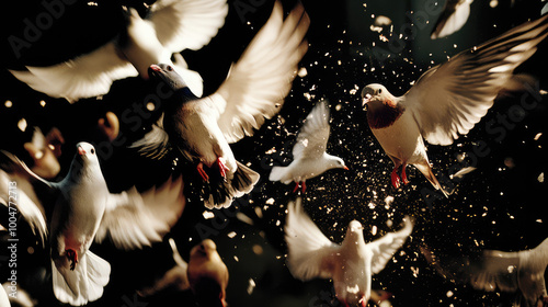 An artistic depiction of doves energetically taking flight, captured in mid-air against a dark background with beautiful light, embodying freedom and life's dynamism. photo