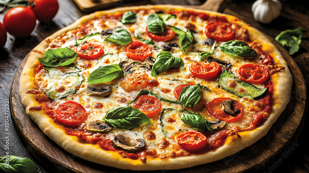 A delicious vegetable pizza topped with fresh basil and mozzarella. A delicious vegetable pizza topped with fresh basil and mozzarella.
