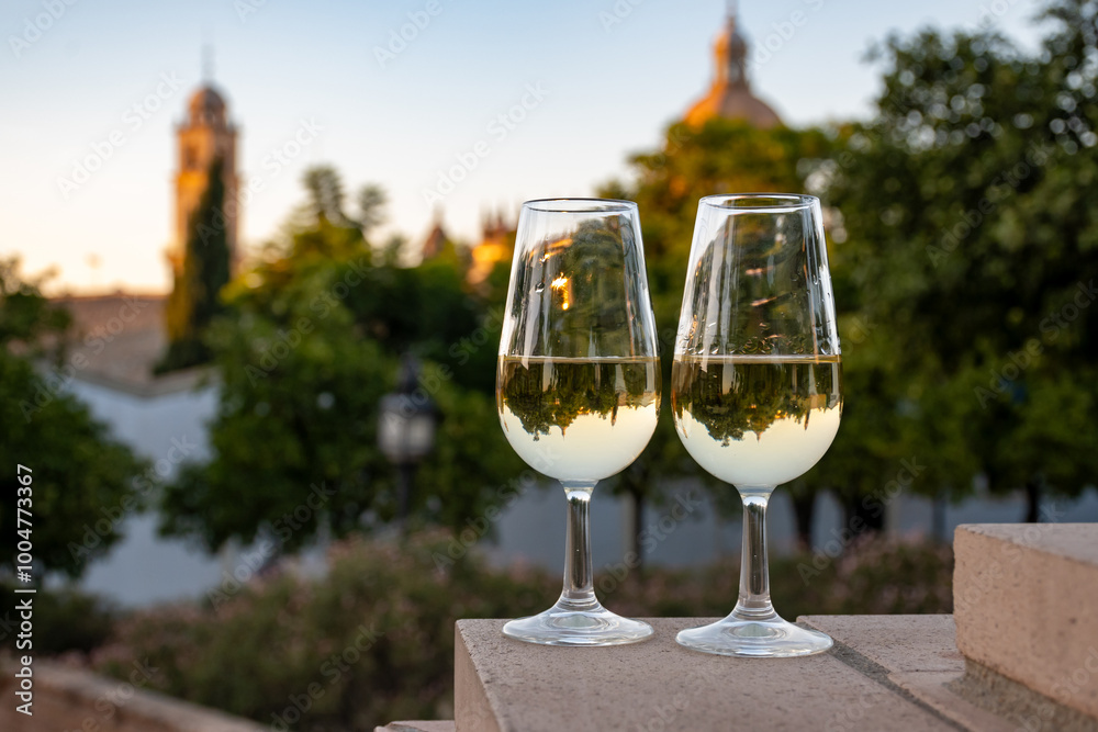 Sherry wine glasses and old bogedas jerez wine cellars and church on background in Jerez de la Frontera, wine glasses outdoor, cityview, Andalusia, Spain Sherry wine glasses and old bogedas jerez wine cellars and church on background in Jerez de la Frontera, wine glasses outdoor, cityview, Andalusia, Spain