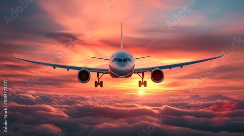 Airplane flying through the clouds at sunset with a fiery sky.