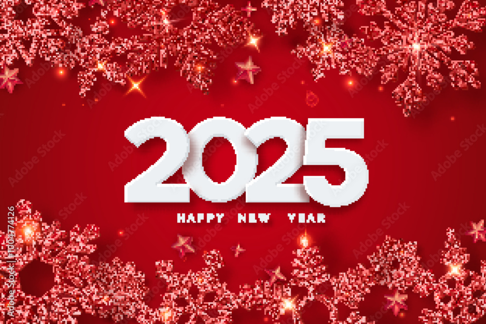 2025 numbers, decor and glowing snowflake. Happy New Year 2025 greeting card. Sparkling snowflakes with glitter texture 2025 numbers, decor and glowing snowflake. Happy New Year 2025 greeting card. Sparkling snowflakes with glitter texture