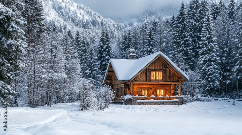 A cozy, rustic cabin in the mountains, surrounded by snow-covered trees, cozy atmosphere, close up A cozy, rustic cabin in the mountains, surrounded by snow-covered trees, cozy atmosphere, close up