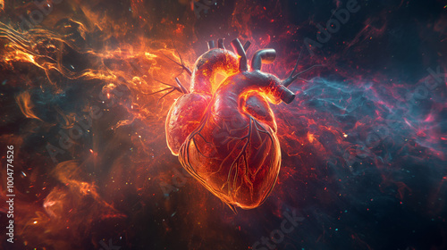 The glowing heart radiates energy, surrounded by fiery swirls in a surreal cosmic setting. 