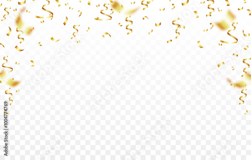 Vector golden confetti falling from above on an isolated transparent background. Suitable for Christmas or holiday scenes. Confetti PNG.