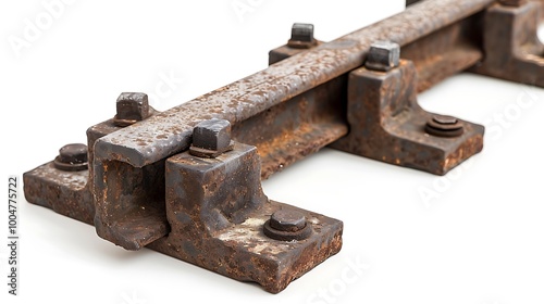 Zoomed-in shot of train track connectors, isolated on white, showing wear and tear.