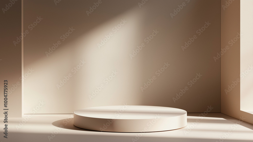 Simple round podium bathed in soft natural light, placed in a neutral space, perfect for product displays or elegant visual presentations. Simple round podium bathed in soft natural light, placed in a neutral space, perfect for product displays or elegant visual presentations.