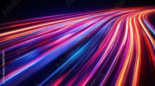 A highway with vibrant, colorful light trails, representing speed and dynamic movement, soft ambient lighting, ideal for digital marketing, technology, and innovation themes.