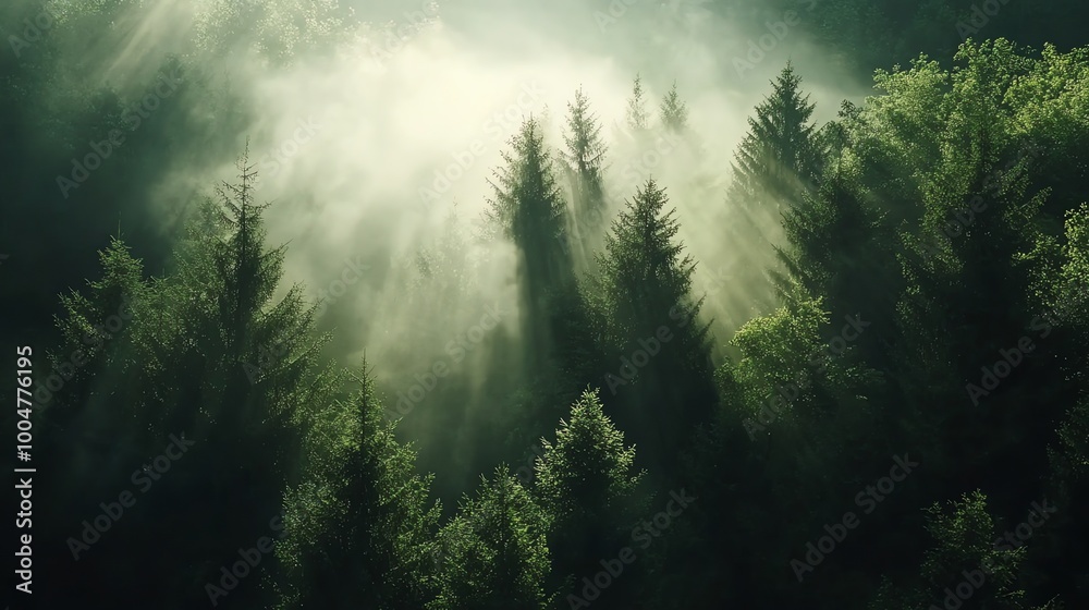 Sunbeams break through the fog and illuminate the forest canopy.