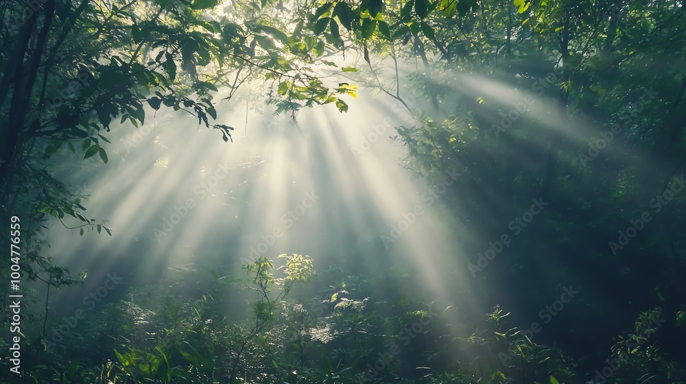 Sun rays break through the canopy of a dense, green forest. Sun rays break through the canopy of a dense, green forest.