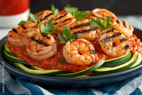 A low-carb weight loss meal featuring zucchini noodles with tomato sauce, topped with grilled shrimp and garnished with fresh herbs