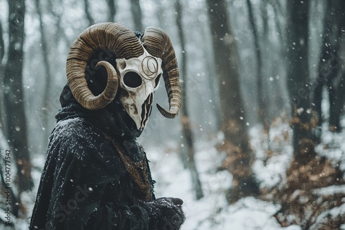 Shaman in goat animal skull in black cloak in snowy forest. Mystical occult ritual. Pagan Christmas, Winter solstice, New Year celebration. Scandinavian culture. Yule tradition. Banner with copy space