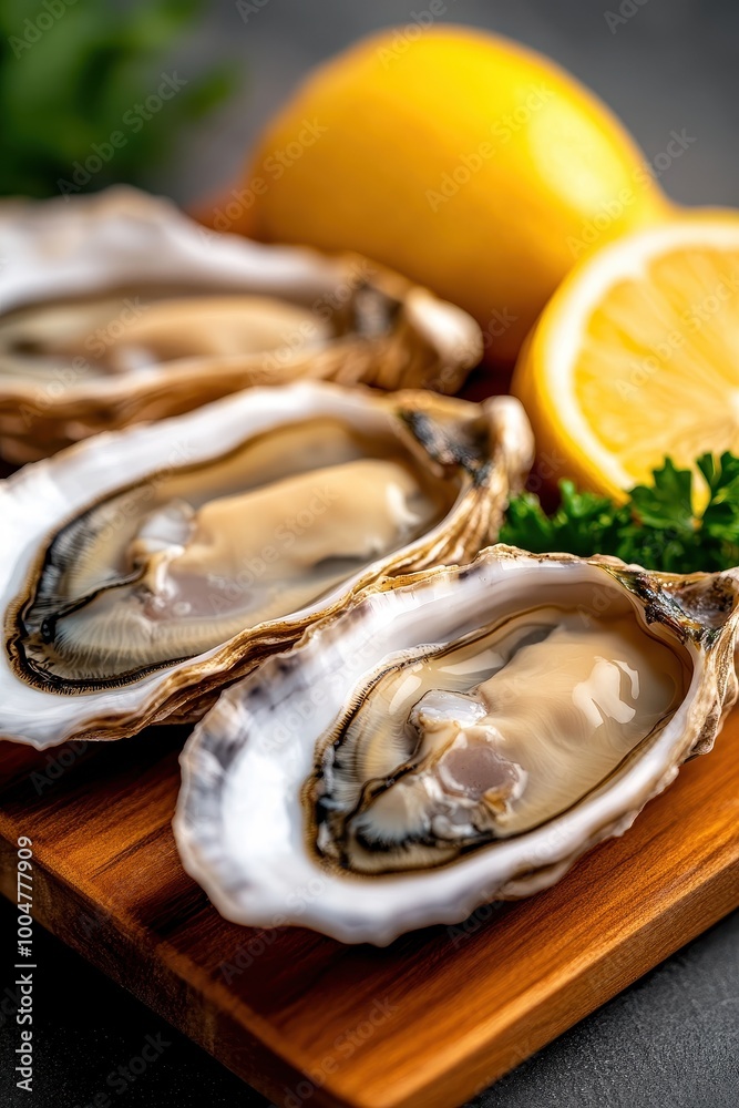 Freshly shucked oysters served on a wooden platter, accompanied by lemon slices and parsley, perfect for seafood menus, culinary blogs, and gourmet dining promotions, Freshly shucked oysters served on a wooden platter, accompanied by lemon slices and parsley, perfect for seafood menus, culinary blogs, and gourmet dining promotions,