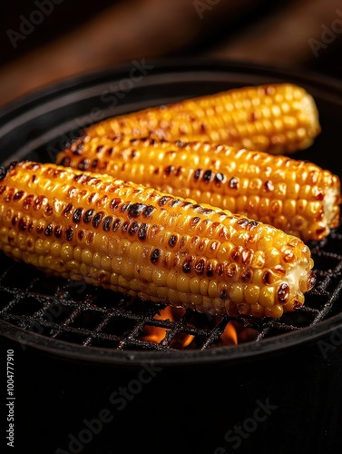 Grilled corn on the cob showcases its charred texture and vibrant color, ideal for food blogs, cookbooks, or promotional materials for summer events and barbecues photo