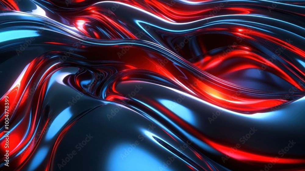A futuristic wavy surface with glowing red and blue light reflections, showcasing smooth metallic textures, ideal for technology, design, and abstract art themes. A futuristic wavy surface with glowing red and blue light reflections, showcasing smooth metallic textures, ideal for technology, design, and abstract art themes.