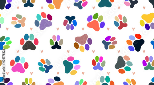 Seamless pattern and design of colored paws on white background. Paw prints. Cat paw, dog's paw. Vector cute paw cat and dog seamless pattern. Template textile, paper, scrapbooking, background.