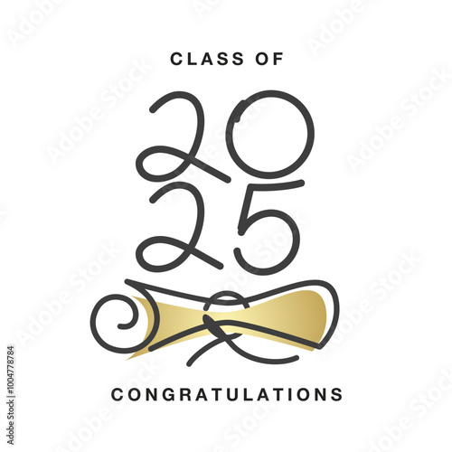 Class of 2025 congratulations. New unique modern handwritten line design numbers with golden diploma on white background