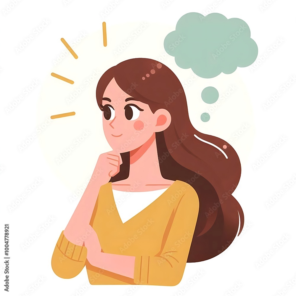Flat-style illustration of a woman with a thinking bubble above his head. Ideal for brainstorming, creativity, and thought-related content. Simple and engaging design, perfect for business and Flat-style illustration of a woman with a thinking bubble above his head. Ideal for brainstorming, creativity, and thought-related content. Simple and engaging design, perfect for business and