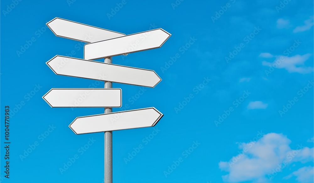 Image of a tall signpost with multiple blank directional arrows pointing different ways against a bright blue sky, symbolizing direction, choice, and possibilities. Image of a tall signpost with multiple blank directional arrows pointing different ways against a bright blue sky, symbolizing direction, choice, and possibilities.